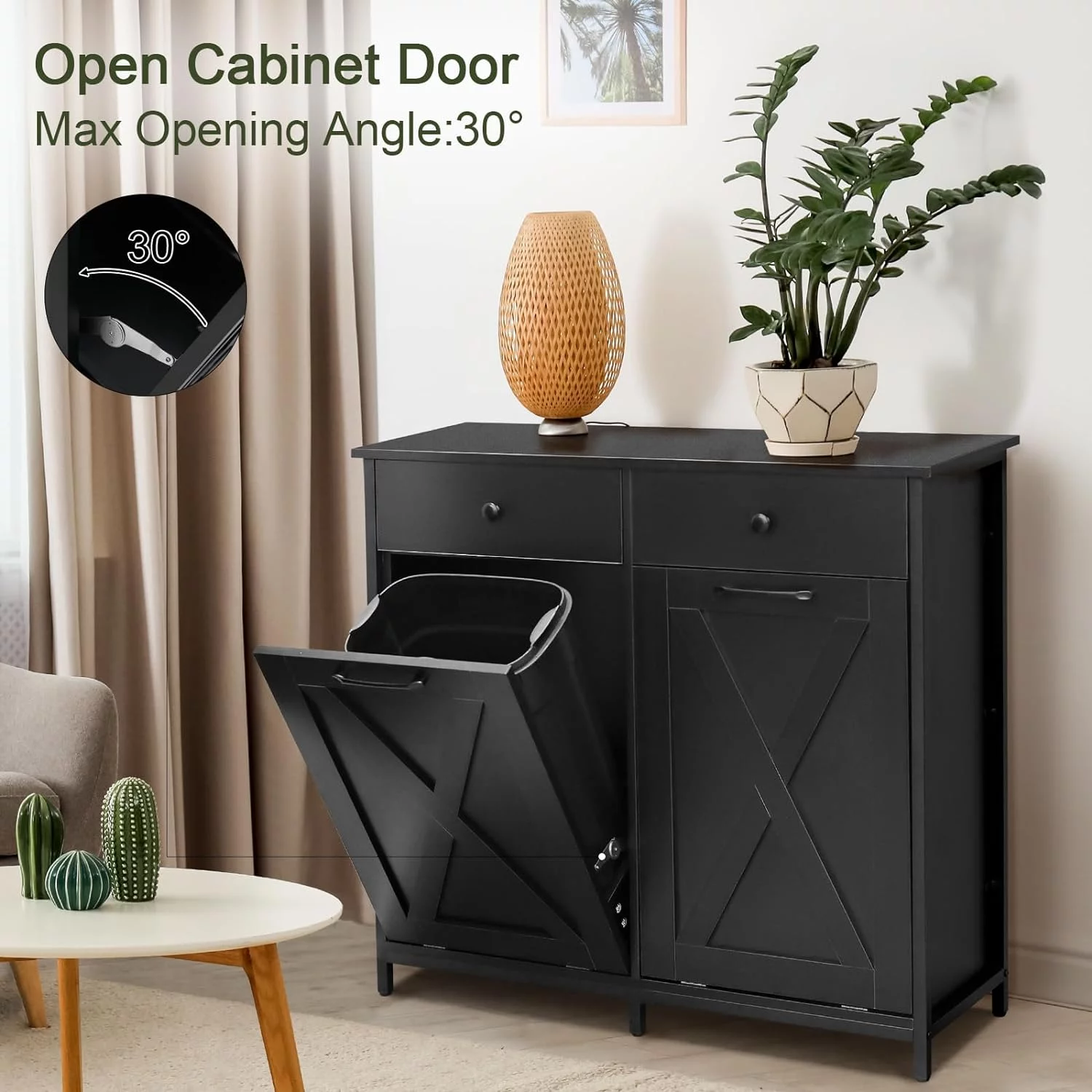Arlopu Double Tilt Out Trash Cabinet Freestanding Kitchen Recycling Cabinet Garbage Can Holder with Drawers
