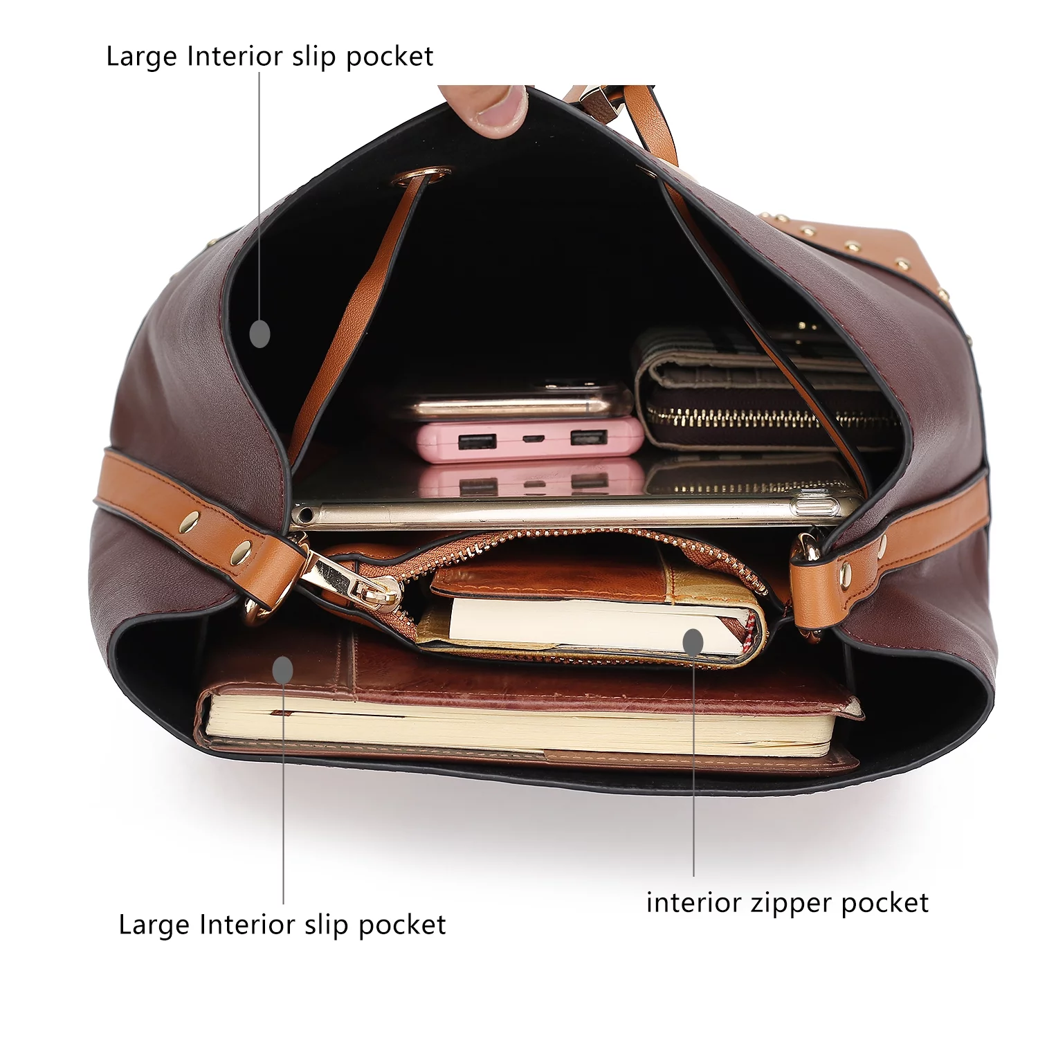 MKF Collection Callise Vegan Leather Women's Bucket Bag & Wristlet Wallet 2-Piece Set by Mia K. - Black Cognac