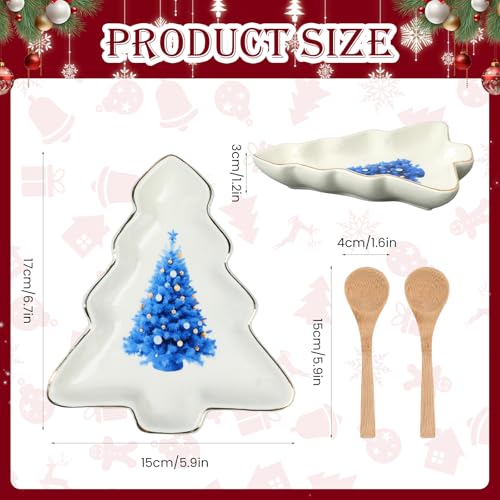 2 Pcs Christmas Dinner Platter Ceramic Serving Dishes with Wooden Spoon Serving Platters Bowl for Cookies Candy Dessert Salad Ice Cream Festive Holiday Gift for Xmas Home Table Party Supplies