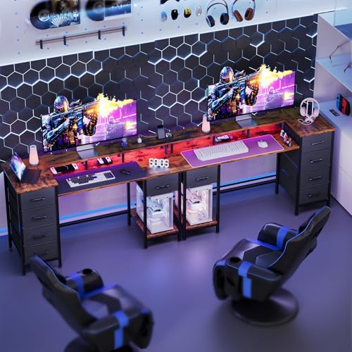 47 Inch Computer Gaming Desk with Power Outlets LED Lights Reversible Home Office with Adjustable Fabric Storage Drawers for Working Writing Study, Rustic Brown