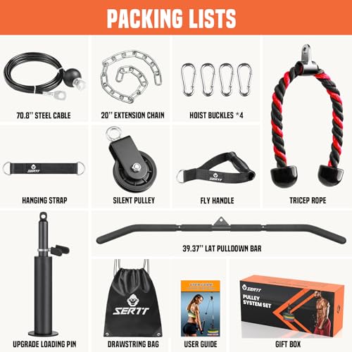 SERTT Cable Pulley System Gym, Power Rack Pulley Attachment with 2-in-1 LAT Pull Down Bar and Upgraded Loading Pin,Used for Triceps Pulldown, Biceps, Back, Shoulder
