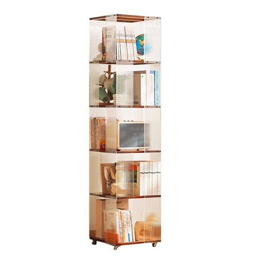 5/6 Tier Rolling Bookcase, Bamboo 360° Rotating Bookshelf Tower, Revolving Bookcase Stackable Bookshelf Organizer, Freestanding Spinning Bookshelf with Wheels for Bedroom, Living Room, Brown