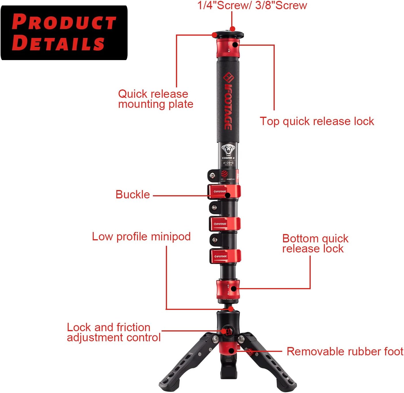 IFOOTAGE Cobra 2 3-in-1 Camera Monopod, Telescopic Video Monopod,71 Professional Photography Tripod Monopod, Suitable for SLR Cameras and Camcorders (Carbon Fiber)