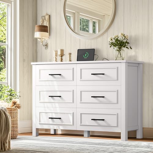 YITAHOME 6-Drawer Dresser with Built-in Power Outlet, Wood TV Stand with 6 Large Drawers & Bar Handles, Dresser Chest of Drawers for Entryway Living Room Hallway, White & Walnut