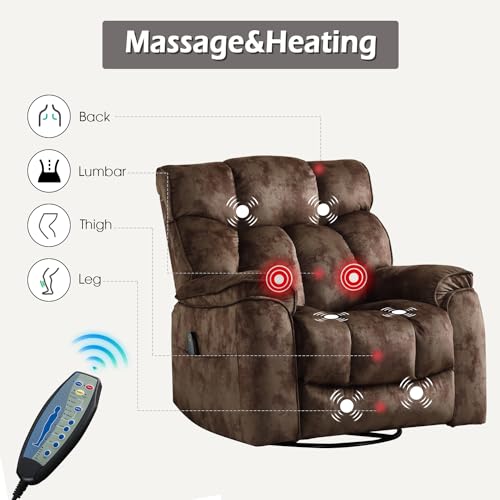 INZOY Massage Swivel Rocker Recliner with Heat and Vibration, Manual Rocking Recliner Chair with Vibrating Massage, Comfy Padded Overstuffed Soft Fabric Heated Recliner, Brown