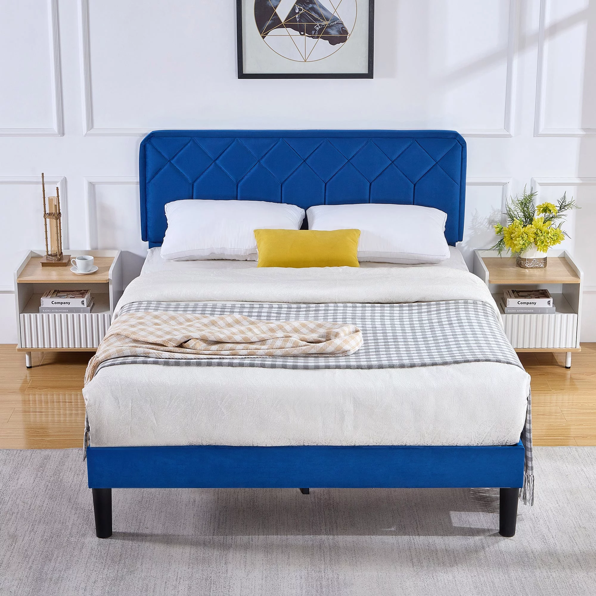 VECELO Modern 3-Piece Blue Bedroom Set, Queen Upholstered Bed Frame with Adjustable Headboard, Nightstand Set of 2 with 1-Drawer and Open Storage Shelf