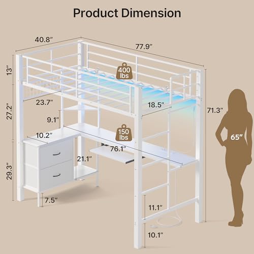 Gizoon Twin Loft Bed with L-Shaped Desk and LED Lights, Charging Station, Storage Shelves, Heavy Duty Metal Loft Bed Frame with Drawers, Safety Guard & Ladder, No Box Spring Needed, Space-Saving,Brown