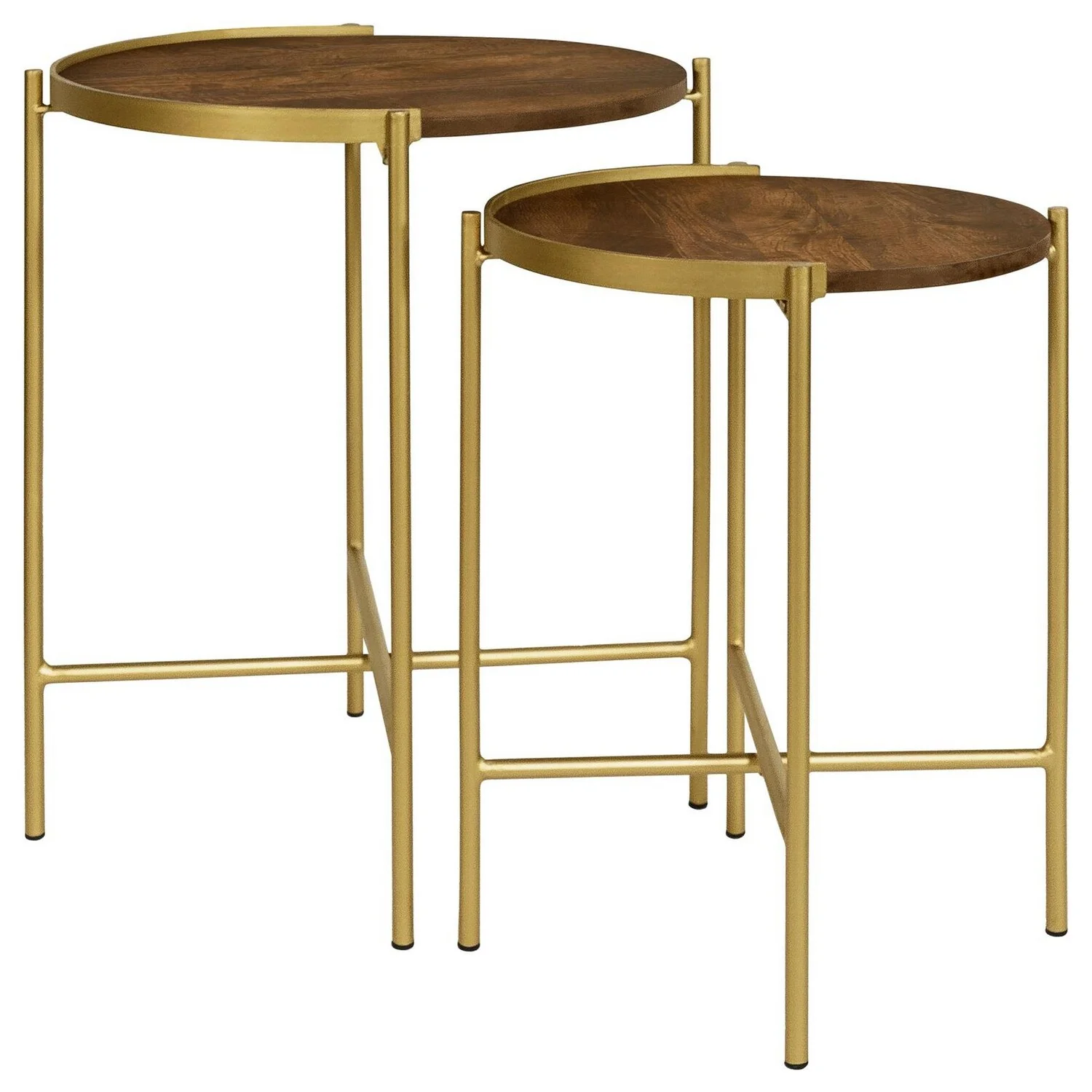 BenJara 2 Piece Round Nesting Tables, Gold Iron, Modern Mango Wood, Warm Brown
