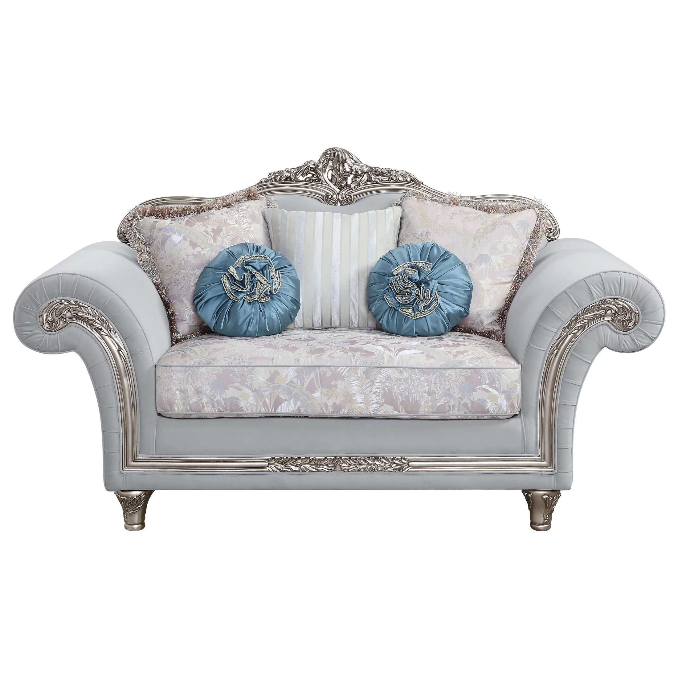 ACME Pelumi Rolled Flared Arms Loveseat with 5 Pillows in Light Gray Linen