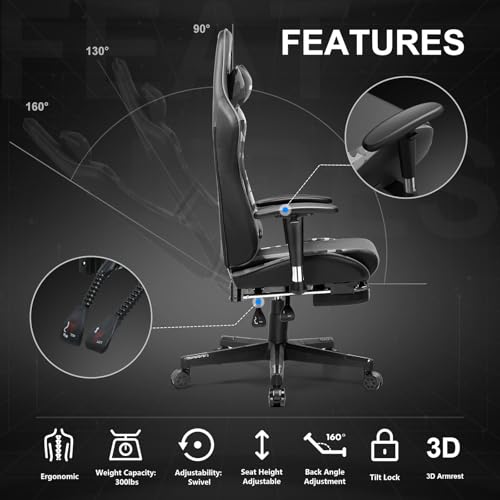 GTRACING Gaming Chair with Footrest, Ergonomic Computer Game Desk Chair, Recline Gaming Chair Seat Height Adjustment, Swivel Rocker with Headrest and Lumbar (Blue)