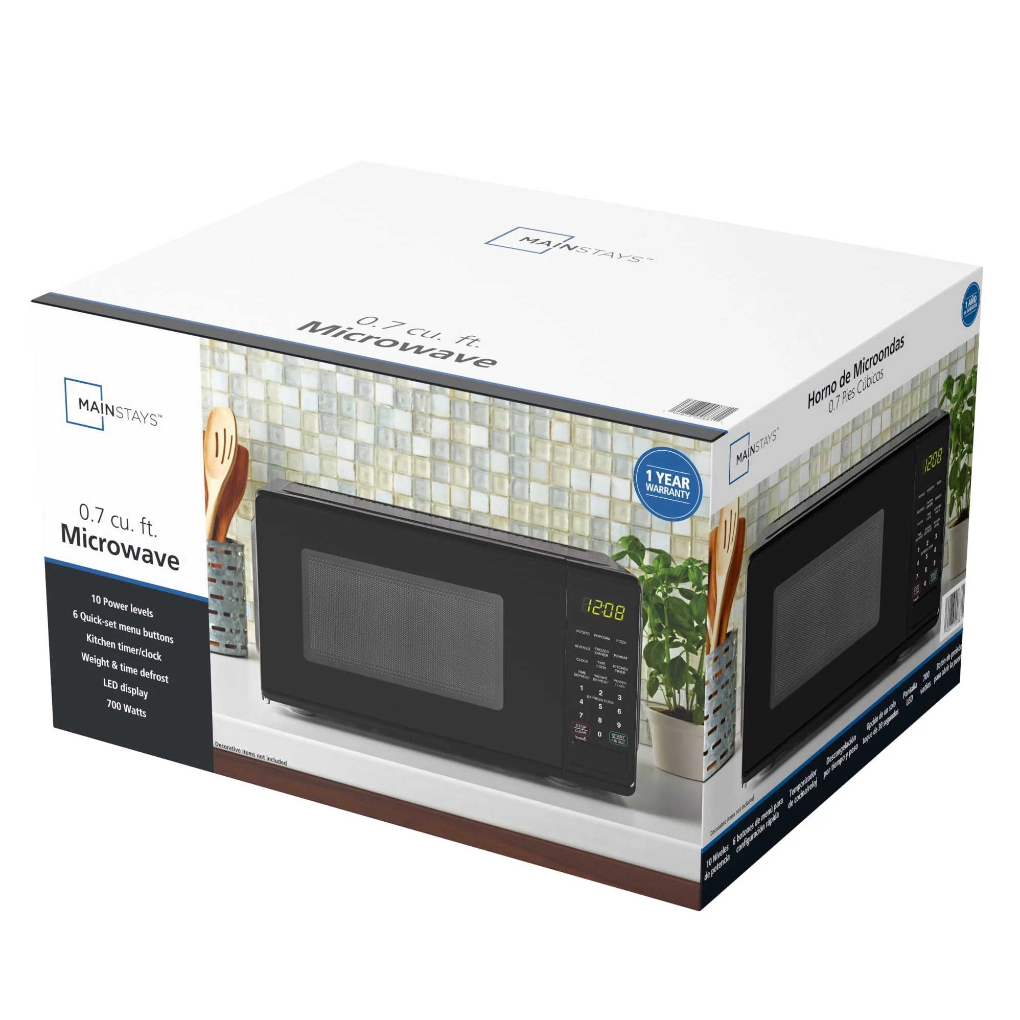 Mainstays 0.7 Cu ft Countertop Microwave Oven, 700 Watts, Black, New