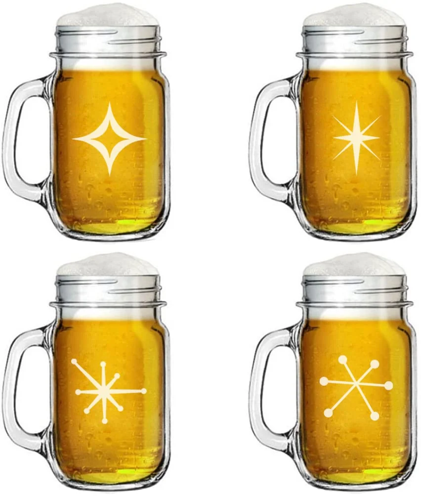 16oz Mason Jar Glass Mug w/Handle Retro Starbursts Mid Century Modern Art Deco Collection Gift Set of 4