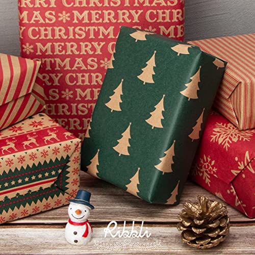 Ribbli Christmas Wrapping Paper - Kraft Paper with Snowflake/Tree/Red Stripe/Merry Christmas Pattern, 6 Rolls Red and Green Holiday Assortment - 17 inch x 120 inch(10feet) Per Roll