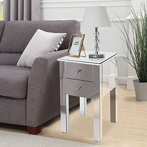 Mirrored Nightstand with 3 Drawers,Mirrored End Tables Bedside Table,Mirrored Accent Table,Smooth Mirror Finish with Crystal-Style Knobs for Bedroom, Living Room, Silver