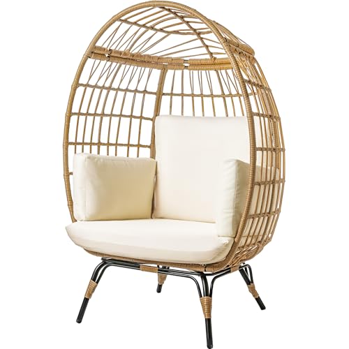 Wicker Egg Chair Outdoor - Patio Chair, Rattan Chair, Wicker Chair PE Rattan Perfect for Backyard Lounger, & Balcony, Garden, Indoor, Steel Frame, Ivory,
