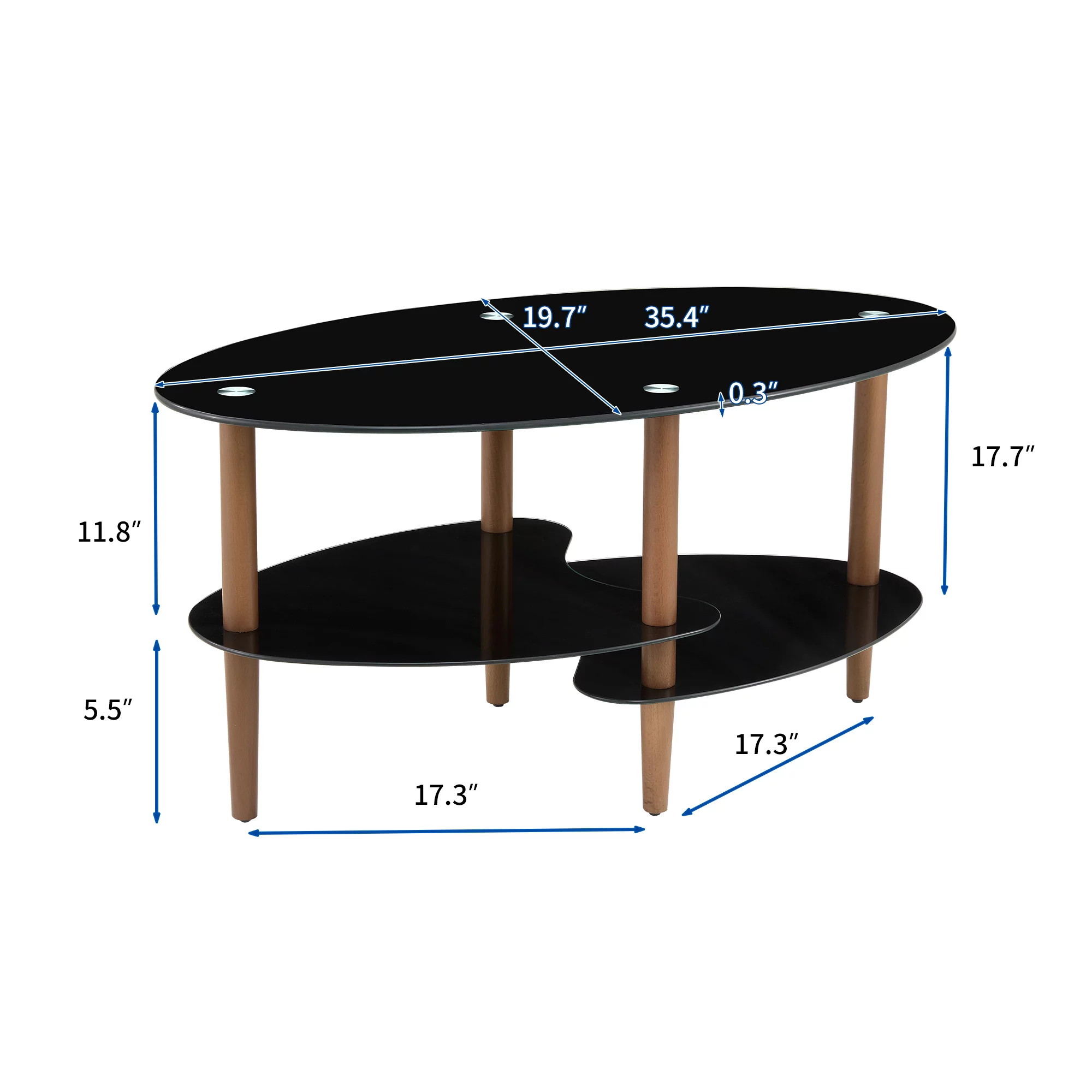 Black Oval glass coffee table, modern table in living room Oak wood leg tea table 3-layer glass table