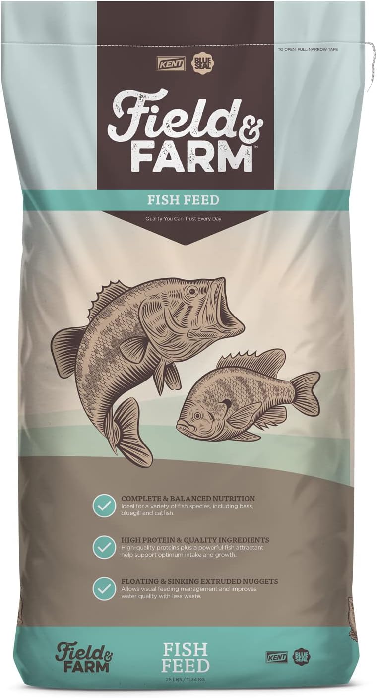 KENT Field and Farm Fish Feed, Pond Stocker 32, High Protein, Ruminant Meat-Free, Bone Meal-Free, Fixed Ingredient Formula, Ideal for Bass, Bluegill and Catfish, 25 Pound Bag