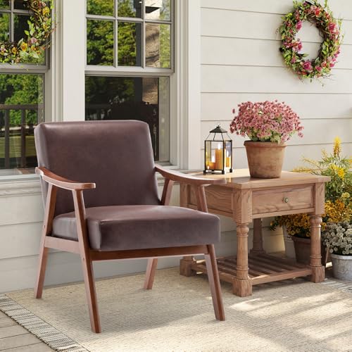 Rovibek Upholstered Accent Chair with Arms - Mid Century Modern Accent Chairs with Wood Frame, Upholstered Arm Chairs with 5.9in Thick Foam, Beige Occasional Chair, Set of 2