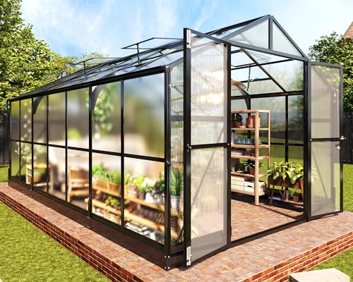 8x12 FT Polycarbonate Greenhouse with Quick-Connect Fittings, Walk-in Large Aluminum Greenhouse with 2 Swing Doors, Winter Greenhouse for Outdoors Black