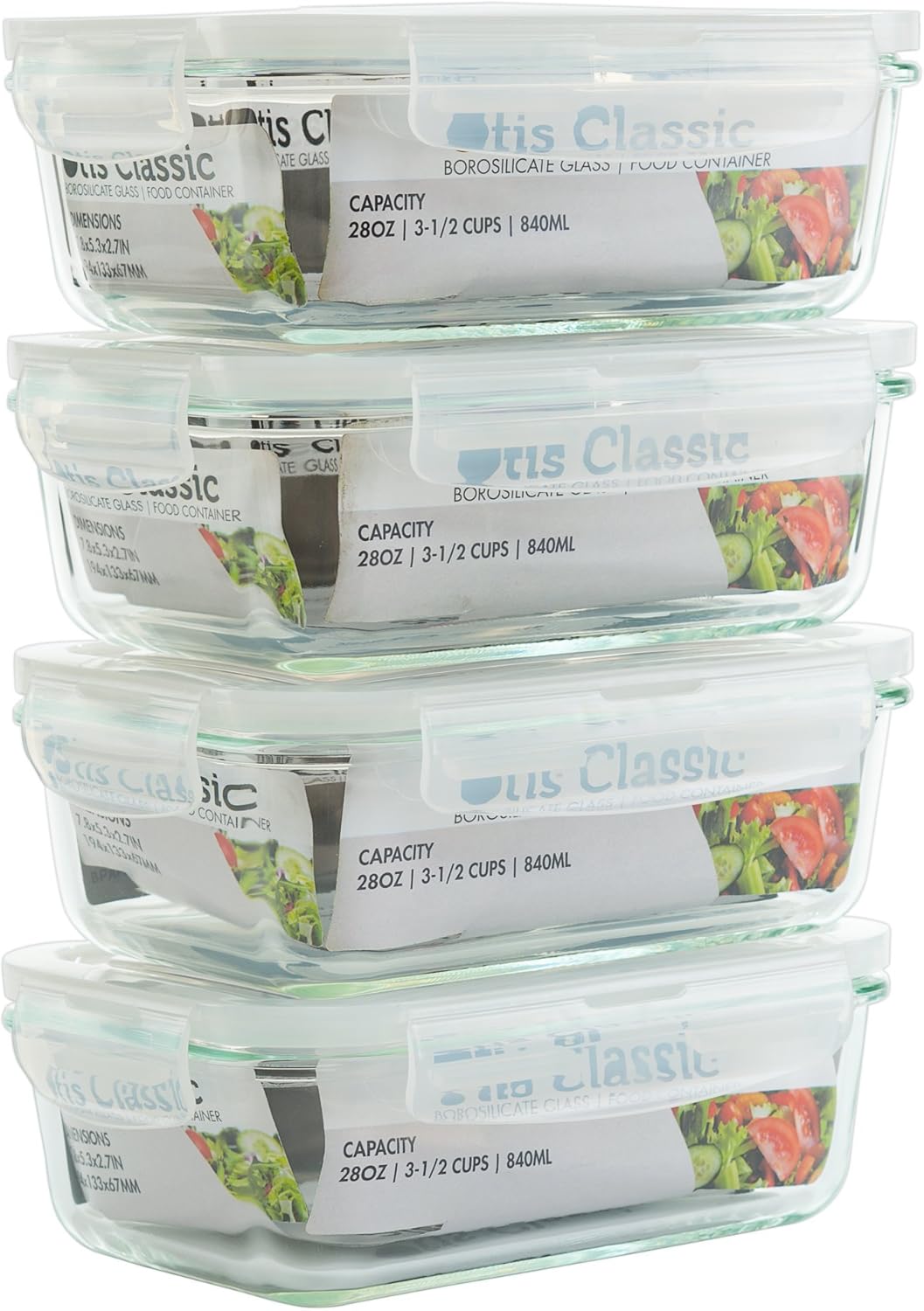 [4-Pack 28oz] Glass Food Storage Containers with Locking Lids - Glass Meal Prep Containers with Lids - Lunch Bento Boxes - 1 Compartment - 4pk Box Set - Transparent Lids - BPA Free and Dishwasher Safe