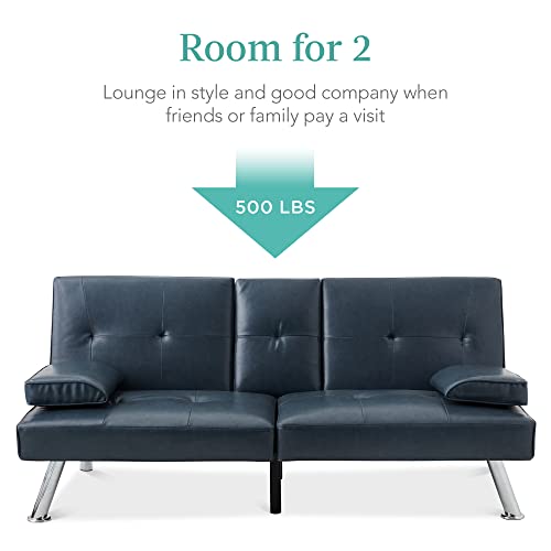 Best Choice Products Faux Leather Upholstered Modern Convertible Futon, Adjustable Folding Sofa Bed, Guest Bed w/Removable Armrests - Blue