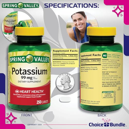Spring Valley Potassium Heart Health Dietary Supplement Caplets 99 mg 250 CT 2 pk (500 Total) + “Vitamin Vitality” Guide & Keychain Pill Container (4 Items)!