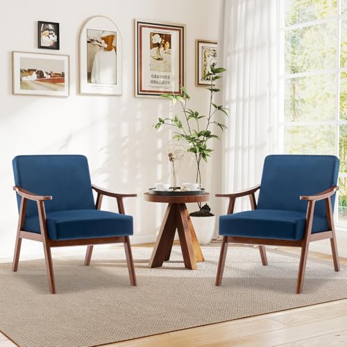 Rovibek Upholstered Accent Chair with Arms - Mid Century Modern Accent Chairs with Wood Frame, Upholstered Arm Chairs with 5.9in Thick Foam, Beige Occasional Chair, Set of 2