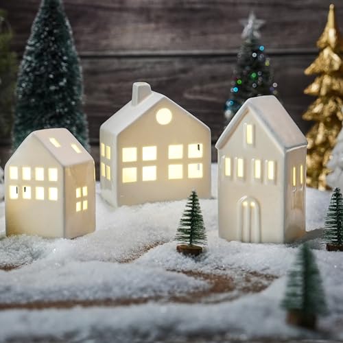 Ceramic White Christmas Village Houses, 3Pcs Light Up Small Porcelain Village House with 6Pcs Christmas Trees, LED Lighted Tabletop House Figurines for Home Decor, Winter Holiday DIY, Gift