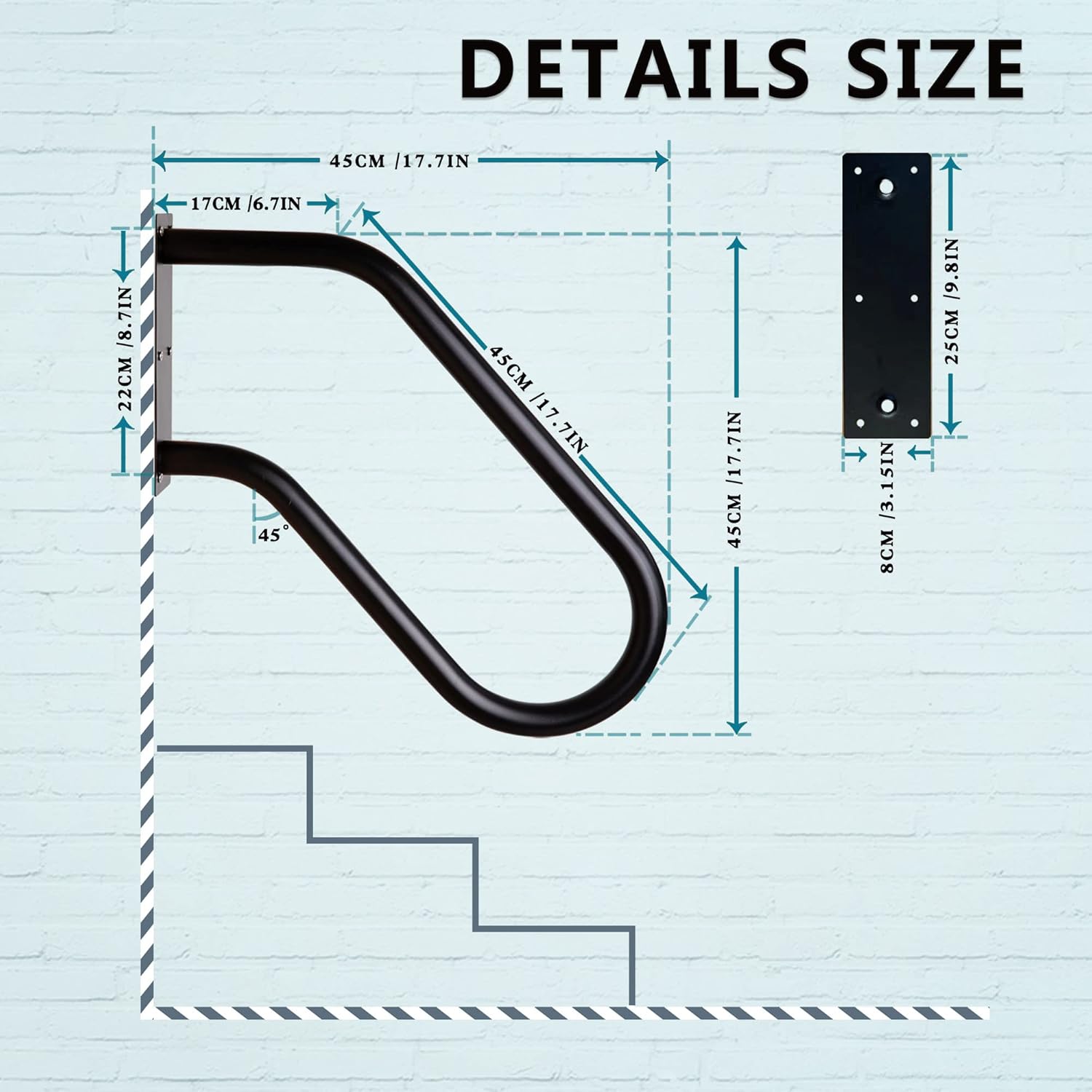 Handrail for Outdoor Steps 18.5' Safety Grab Bar for Stairs 304SS Wall Mounted Stair Railing U Shaped Handrail 1.25