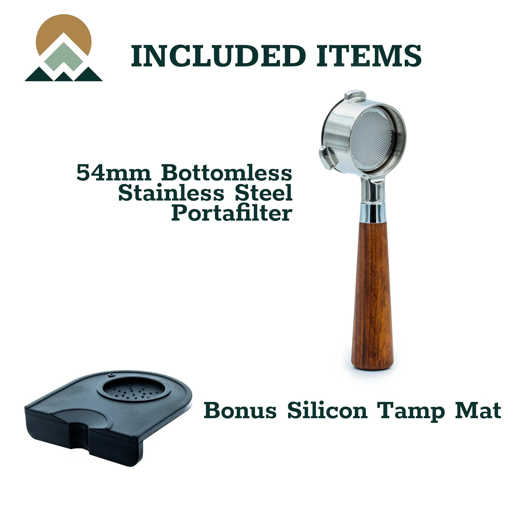 Evergreen Coffee 54mm Bottomless Naked Portafilter Wood Handle With Tamp Mat 304 Stainless Steel. For Breville Barista Express Pro touch, BES870XL, BES870BSXL, BES78VSS, BES880BSS(Filter Basket)