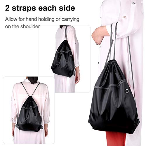 KUUQA 12Pcs Drawstring Backpack Bags Bulk with Zipper Pocket and Headphone Hole（Black）