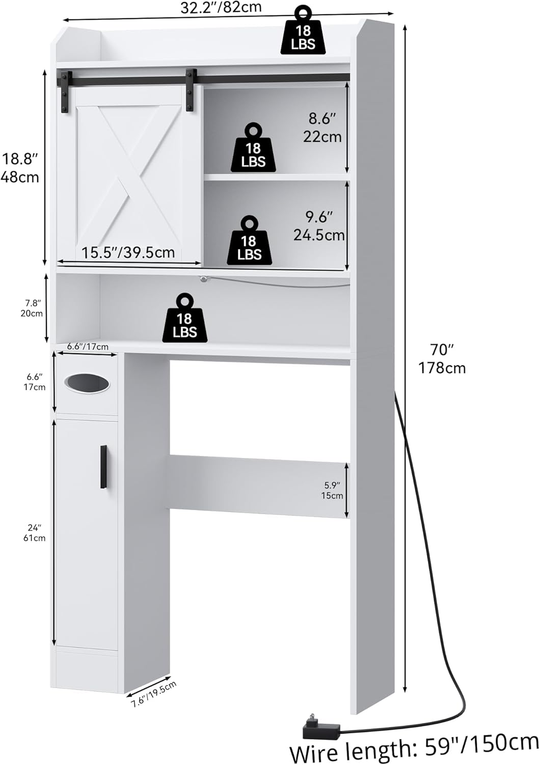 YITAHOME Over The Toilet Storage Cabinet, Farmhouse Storage Cabinet with Sliding Door, Infrared Sensor Light, Home Space-Saving Toilet Rack for Bathroom, Restroom, Laundry, White