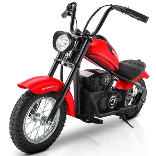 ELEMARA Electric Dirt Bike, 15 mph & 150lb Max, 24V Ride on Toy for Big Kids w/LED Lights & Power Display, Chain-Driven Motor, Twist-Grip Throttle, Shock Springs, Handbrake, 12