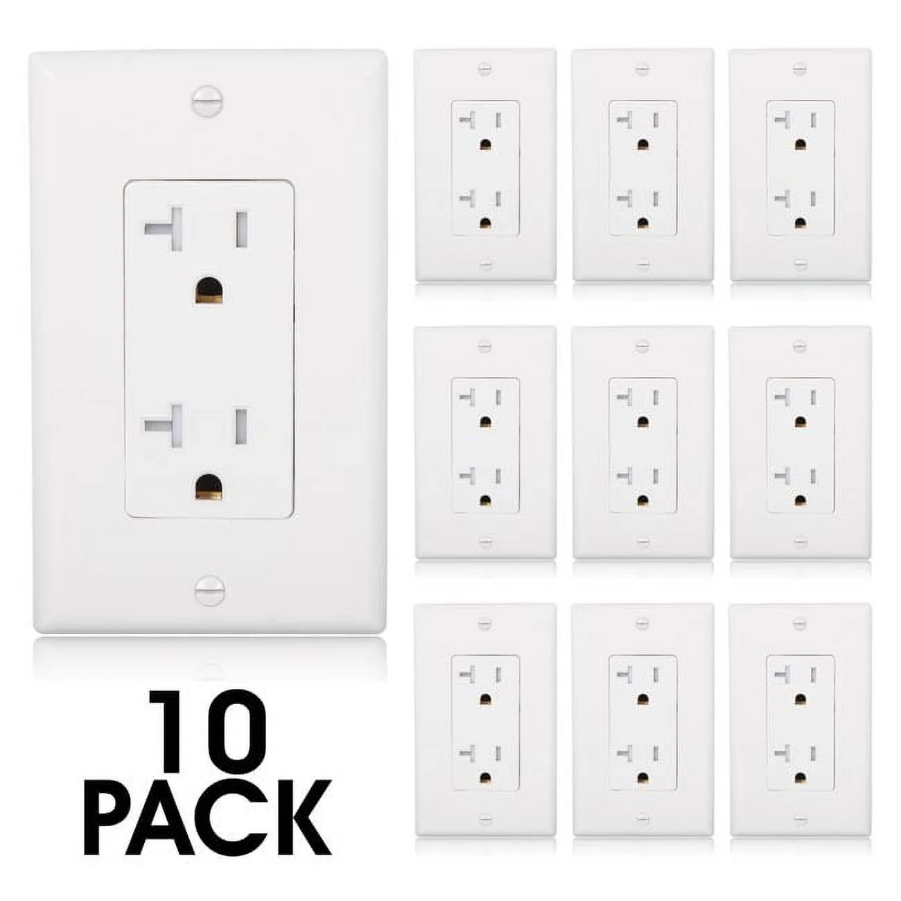 Maxxima 20A Tamper Resistant Duplex Receptacle - Standard Decorative Electrical Wall Outlet, Child Proof Safety, Contractor Pack, 20 Amp, White Wall Plates Included - 10 Pack