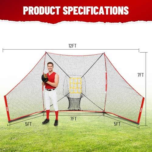 12x7 FT Baseball Net, Baseball & Softball Training Net with Barrier Side Nets - Pitching Net with Large Ball Collection System, Batting Practice Backstop, Baseball Training Equipment with Carry Bag