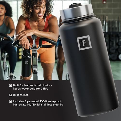 IRON °FLASK Camping & Hiking Hydration Flask with 3 Lids - Stainless Steel, Double Walled & Vacuum Insulated Water Bottle - Leak Proof & BPA Free 32 Oz