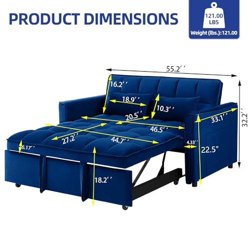 3-In-1 Sleeper Sofa,Velvet Pull Out Sofa Bed，55.1-Inch Futon Convertible Loveseat Sleeper， Love Seat with Adjustable Back, Sleeper Chair with Storage Bag & Pillow, for Living Room, Bedroom (A-Black)