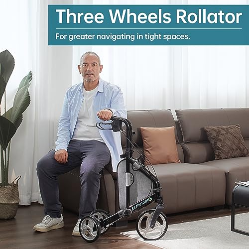 ELENKER 3 Wheel Walkers for Seniors, 3 Wheeled Rollator with 10” Wheels, Narrow Walkers for Small Spaces, Compact Folding, Ideal for Traveling, Blue
