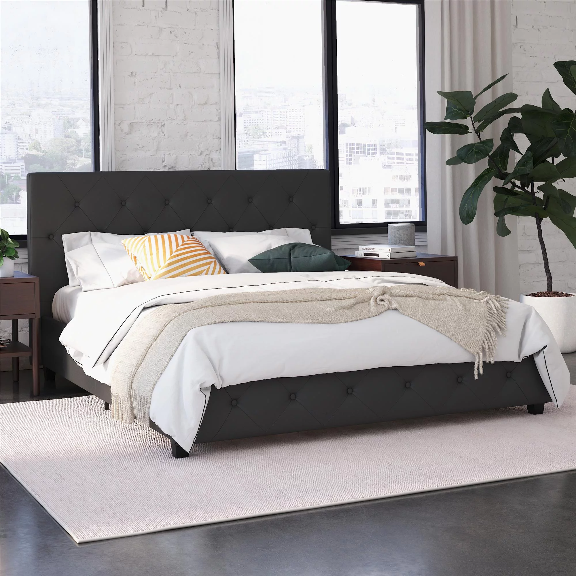 DHP Dakota Upholstered Platform Bed, Queen, Gray Faux Leather