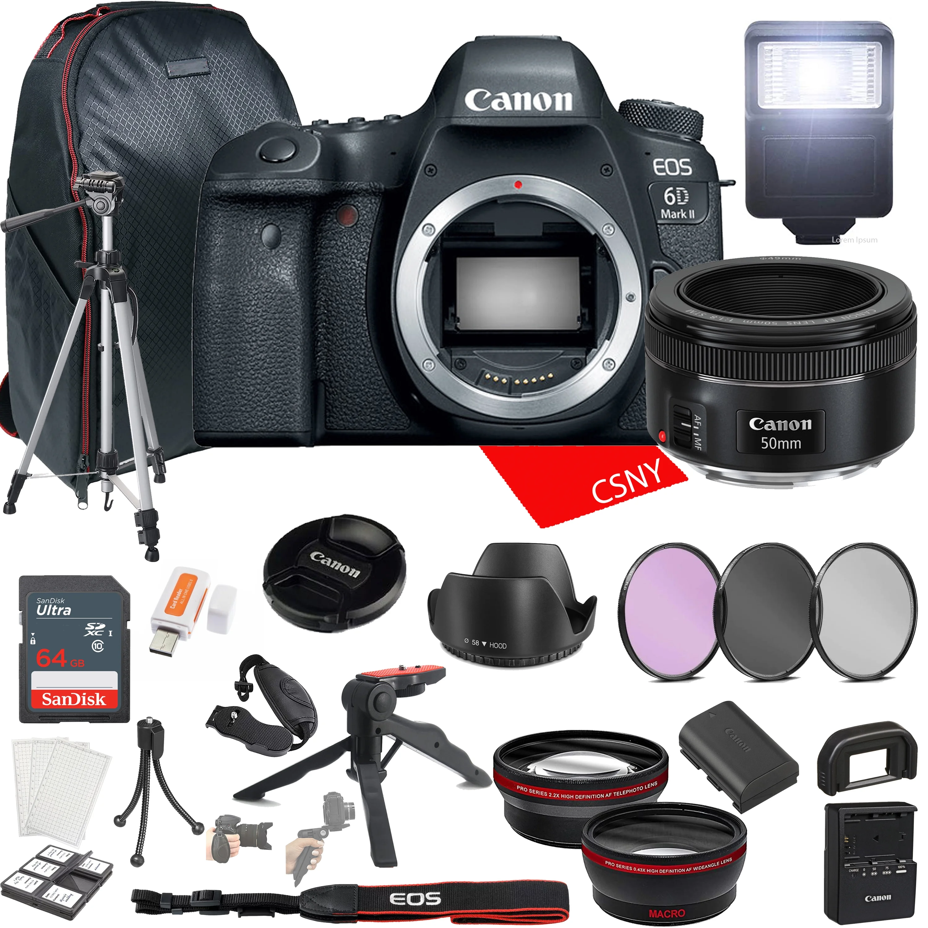 Canon EOS 6D Mark II DSLR Camera w/EF 50mm F/1.8 STM Lens + 64GB Memory + Back Pack Case + Tripod, Lenses, Filters, & More (28pc Bundle)