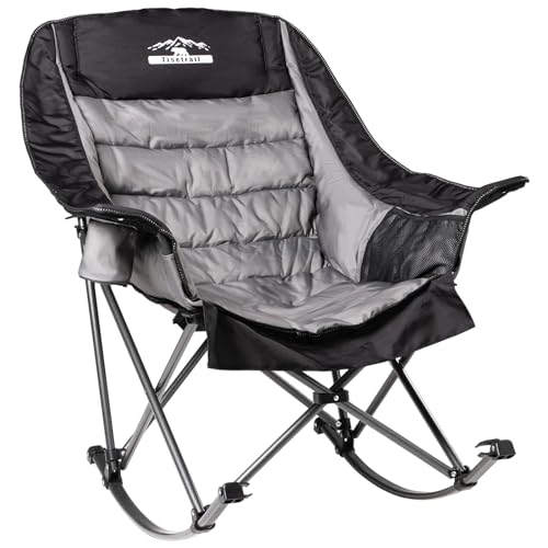 Oversized Rocking Camping Chair, Fully Padded Camp Chairs for Adults with Side Pocket and Cup Holder, Heavy-Duty 400lbs Capacity, Black & Gray