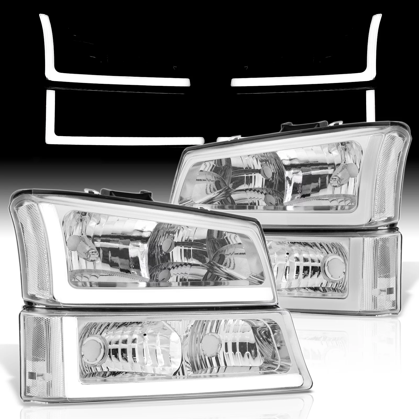 AJP Distributors LED DRL Chrome Housing Clear Lens Reflectors Signal Headlights Bumper Lamps Lights LH & RH Compatible/Replacement For Chevrolet Chevy Silverado 2003 2004 2005 2006 2007 03 04 05 06 07