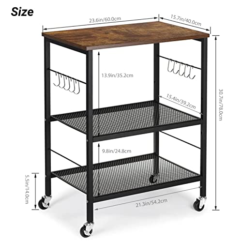 LIANTRAL 3 Tier Rolling Cart, Brown Kitchen Carts on Wheels with Storage, Multifunctional Utility Cart for Kitchen, Bathroom, Living Room, Bar, Office