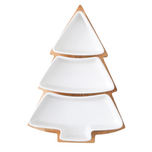 Christmas Tree Shaped Platter Ceramic Dinner Plates with Wood Tray Christmas Tree Dishes Decorative Food Serving Tray for Appetizer Snack