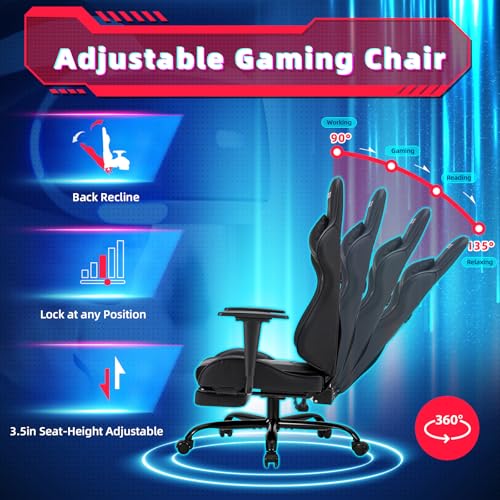 ECOTOUGE PC Massage Gaming Chair with Footrest Ergonomic Office Desk Chair Racing PU Leather Recliner Swivel Rocker with Headrest and Lumbar Pillow, Blue