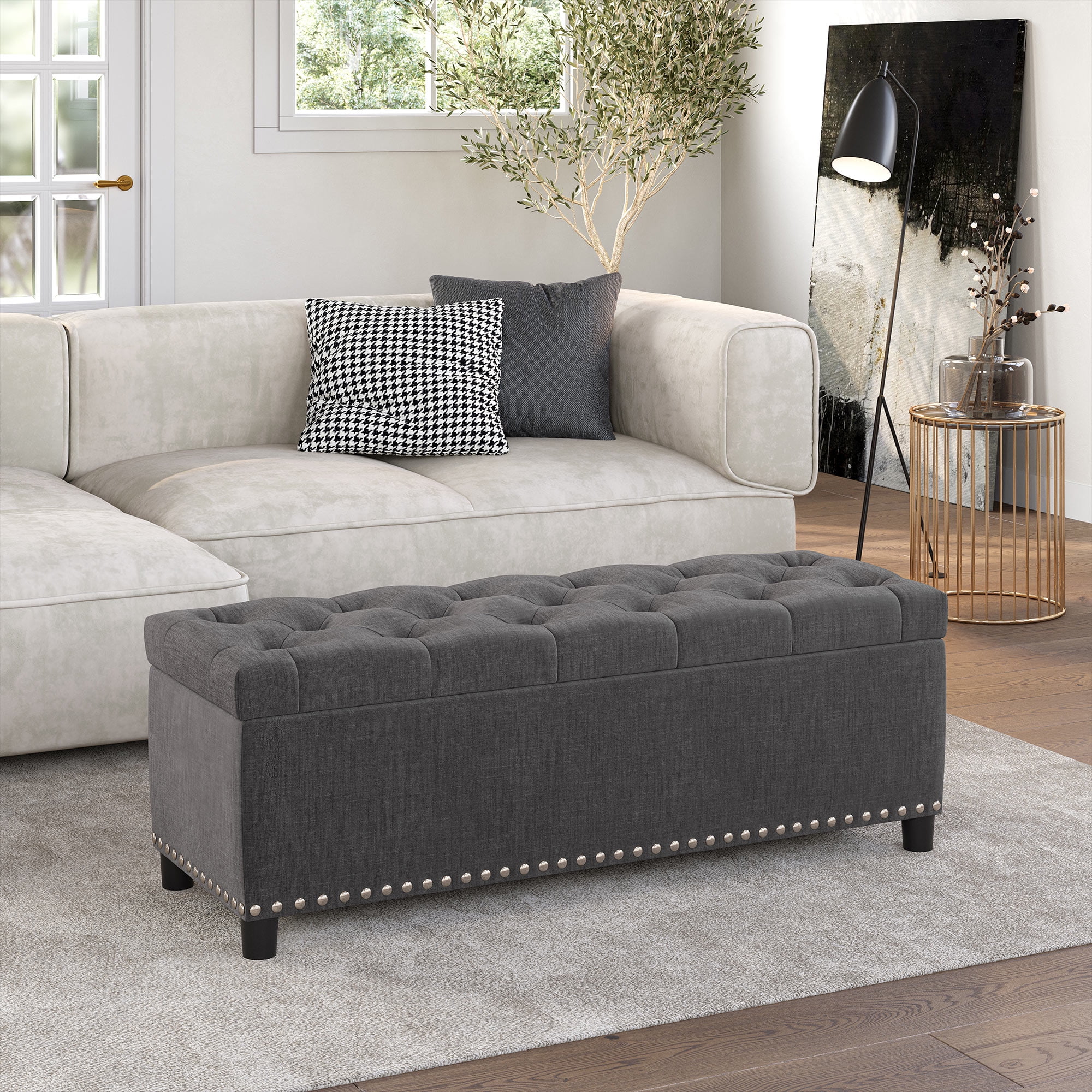 BELLEZE Button-Tufted Storage Ottoman Bench - Brentwood (Dark Gray)