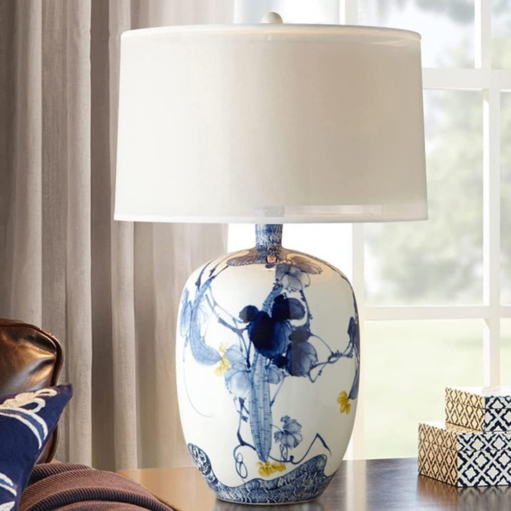 Chinese Blue and White Porcelain Table Lamp Porcelain Temple Jar Blue Floral White Drum Shade Decor Reading Light for Living Room Bedroom House Bedside Home Office E26/27 Base