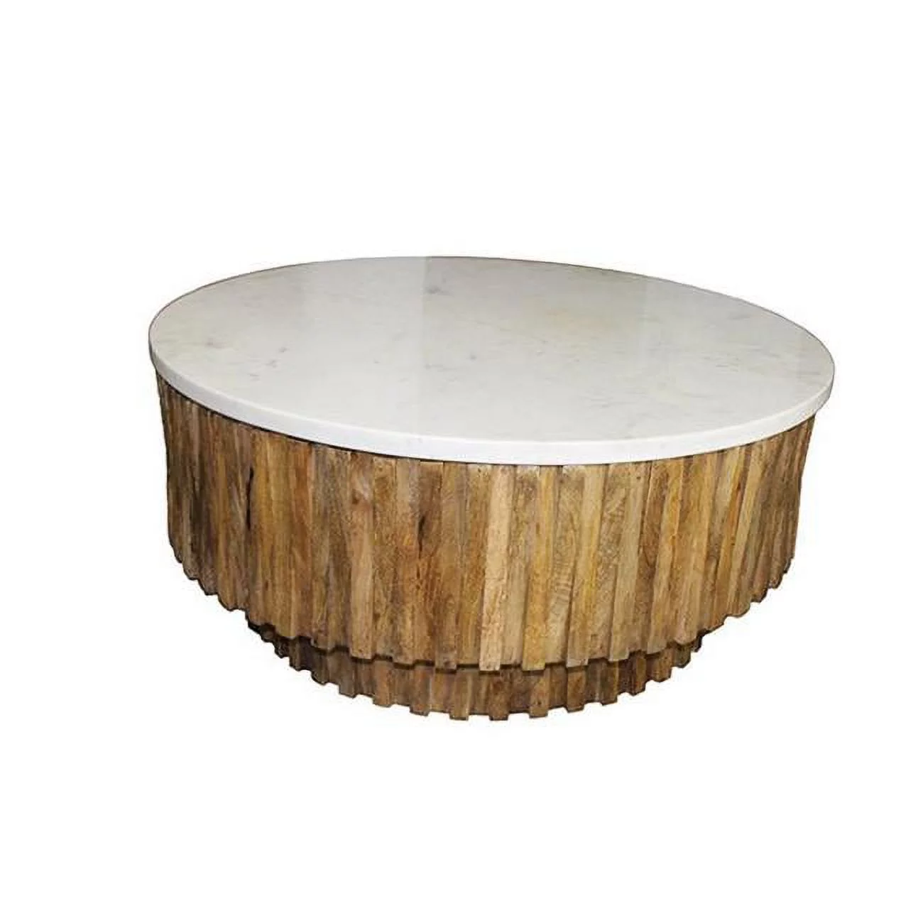 HomeRoots 400888 19 x 42 x 42 in. Round Marble Top & Wooden Strips Coffee Table, White & Brown