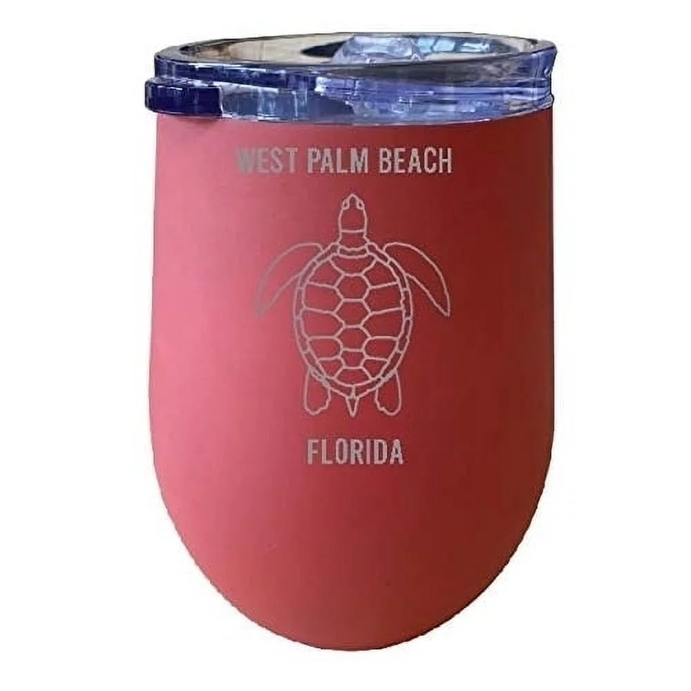 R and R Imports West Palm Beach Florida Souvenir 12 oz Coral Laser Etched Insulated Wine Stainless Steel Turtle Design