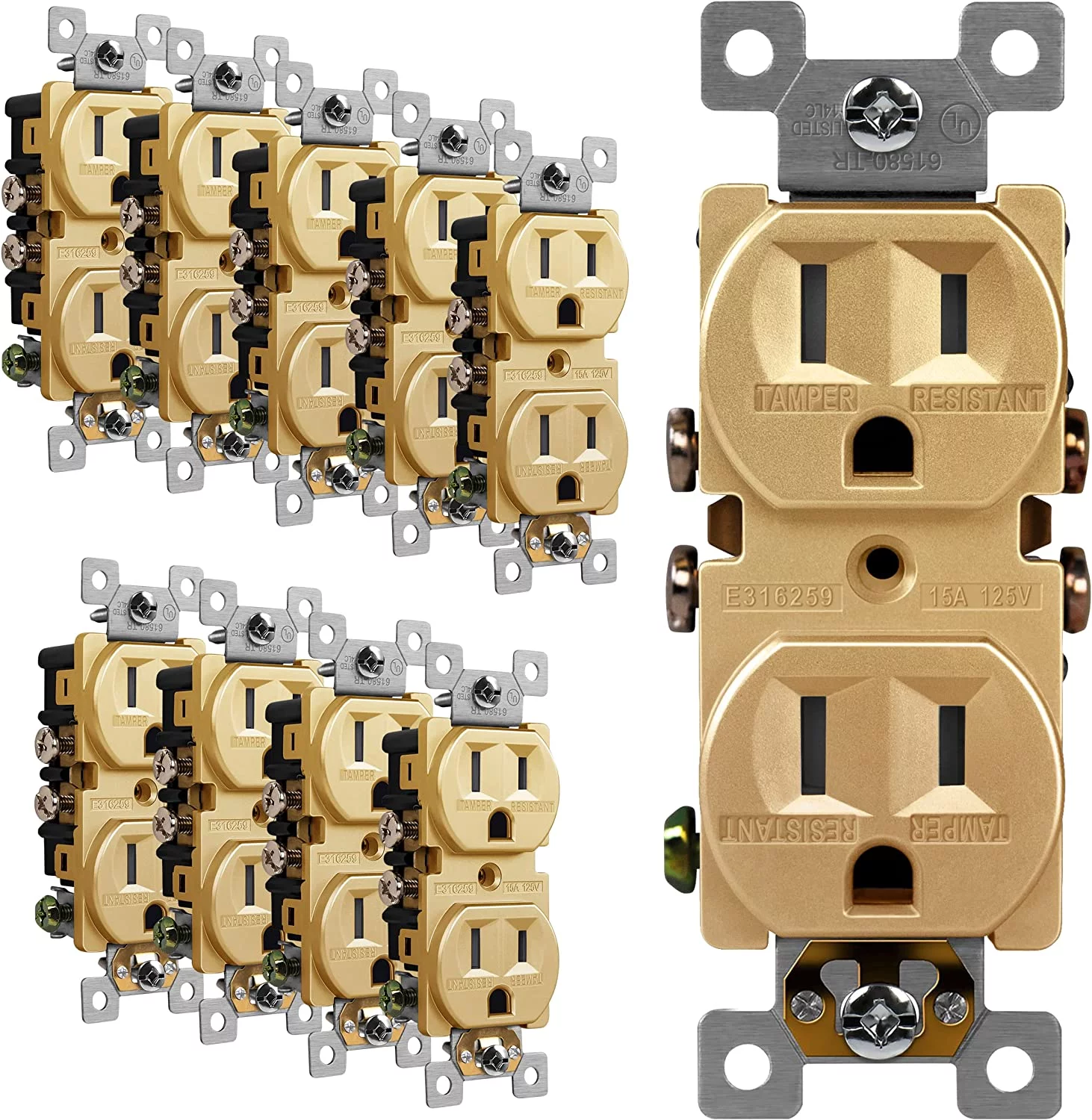 ENERLITES Elite Series Duplex Electrical Outlet, Self-Grounding, 3-Wire, 2-Pole, 15A 125V, UL Listed, 61580-GD-10PCS, Gold, 10 pack